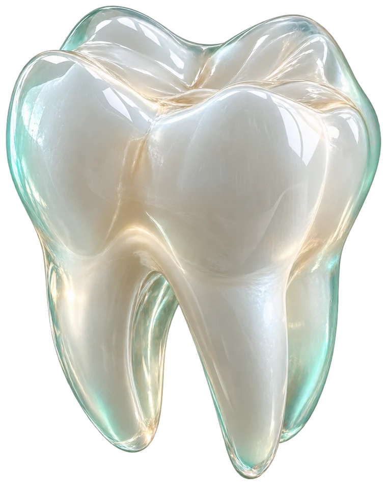 A softly glowing white tooth hovering above an open hand