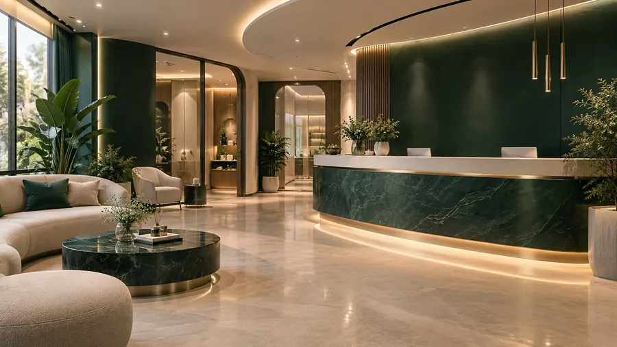 The clinic reception, with a curved green marble desk and soft lighting